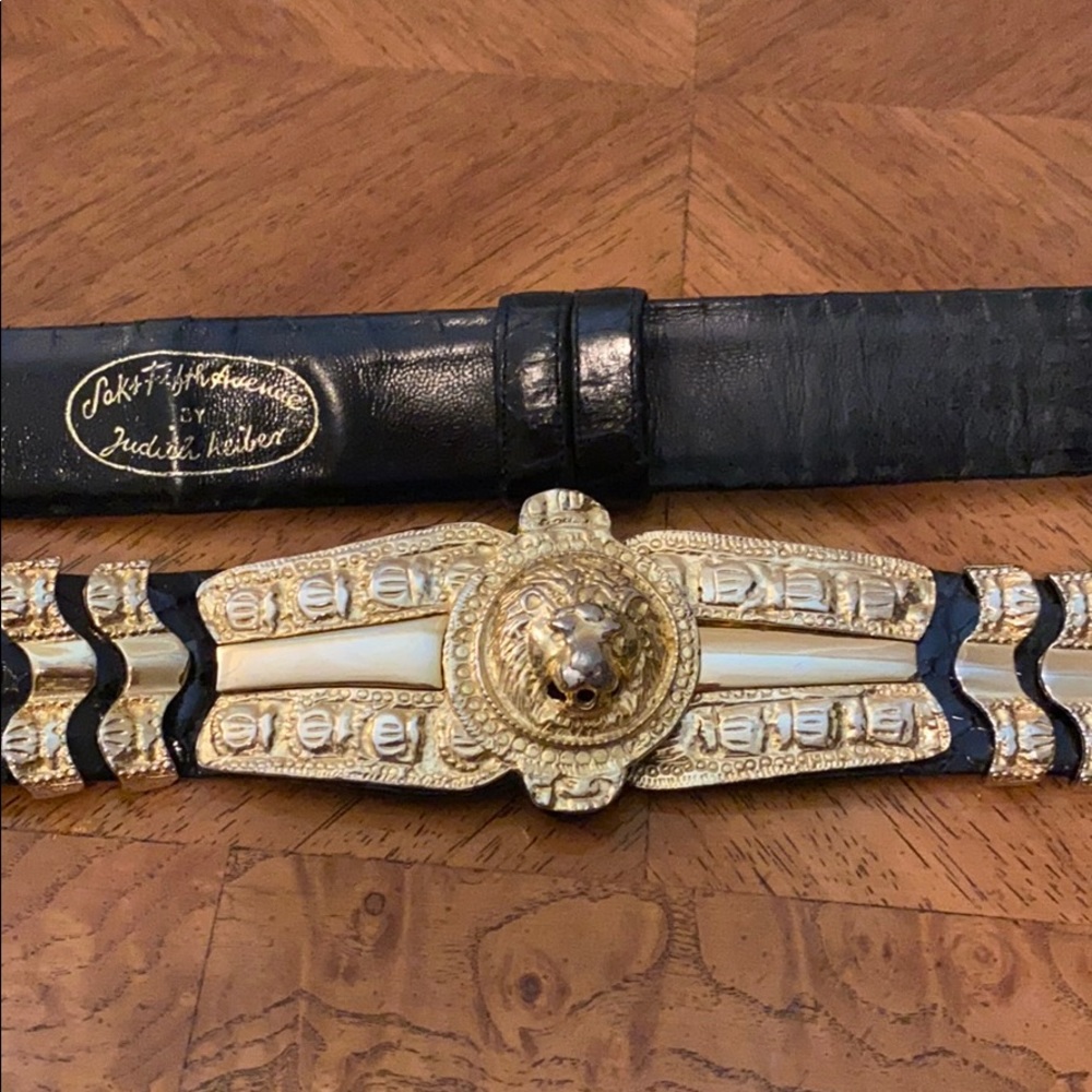 Judith leiber black belt with gold lion clasp